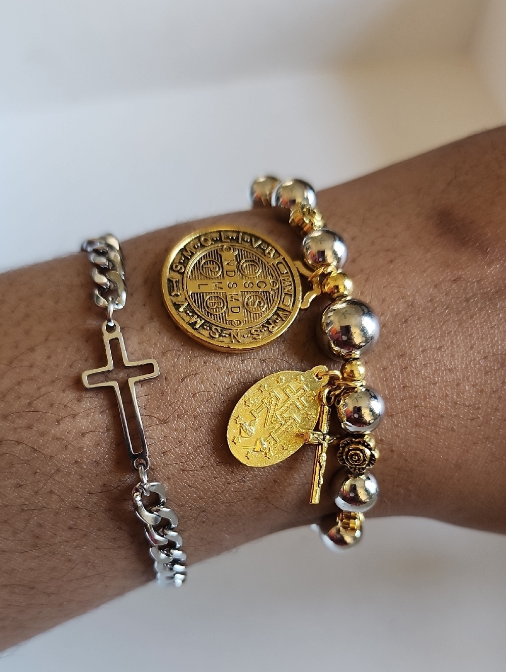 Gold Silver Religious Charm Bracelet Set Cross Coin OS